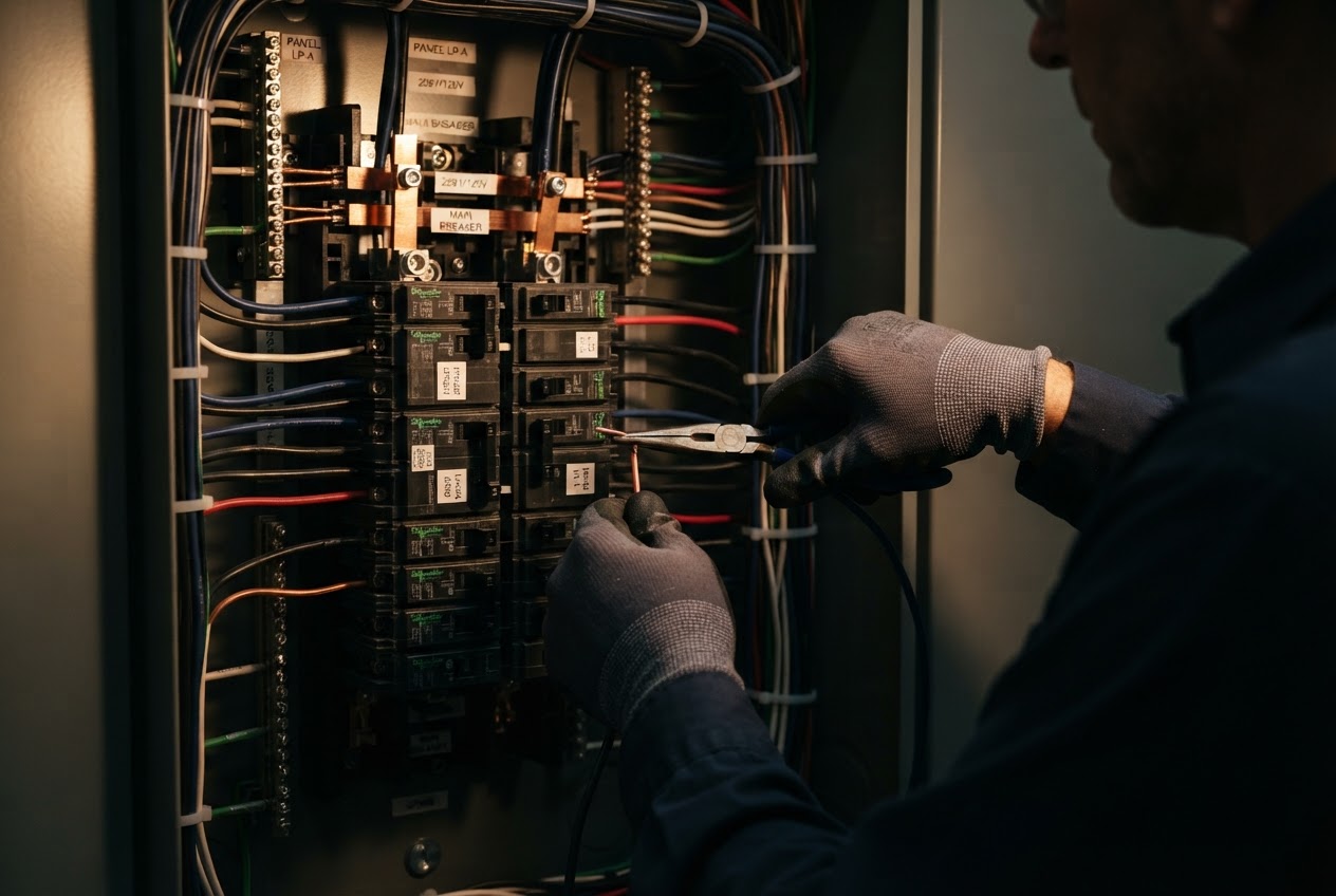 Skilled electrician performing precision work on commercial wiring