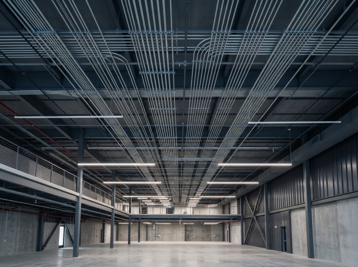 Commercial building interior with organized electrical conduit and LED lighting