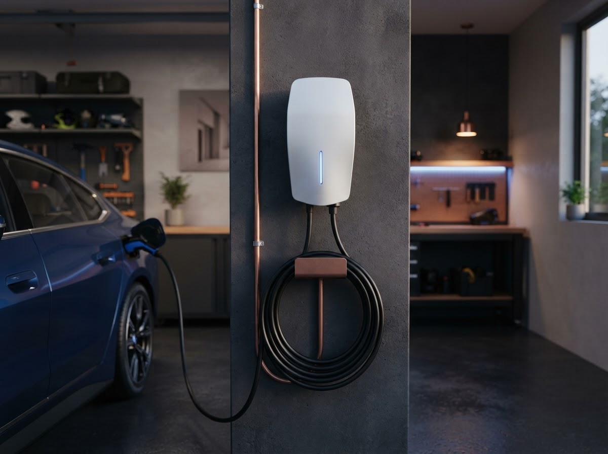 Level 2 EV charger mounted on a clean garage wall