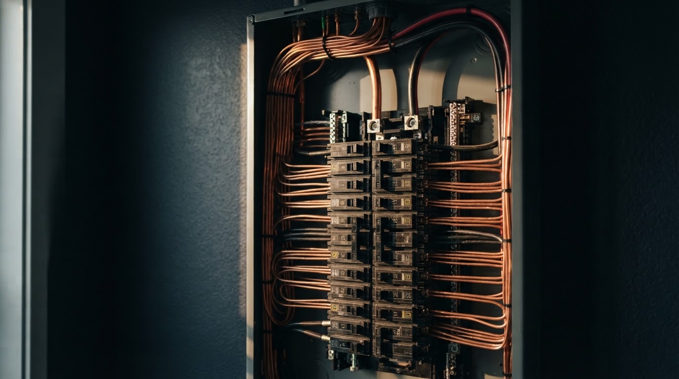 Professional electrical panel installation with organized copper wiring