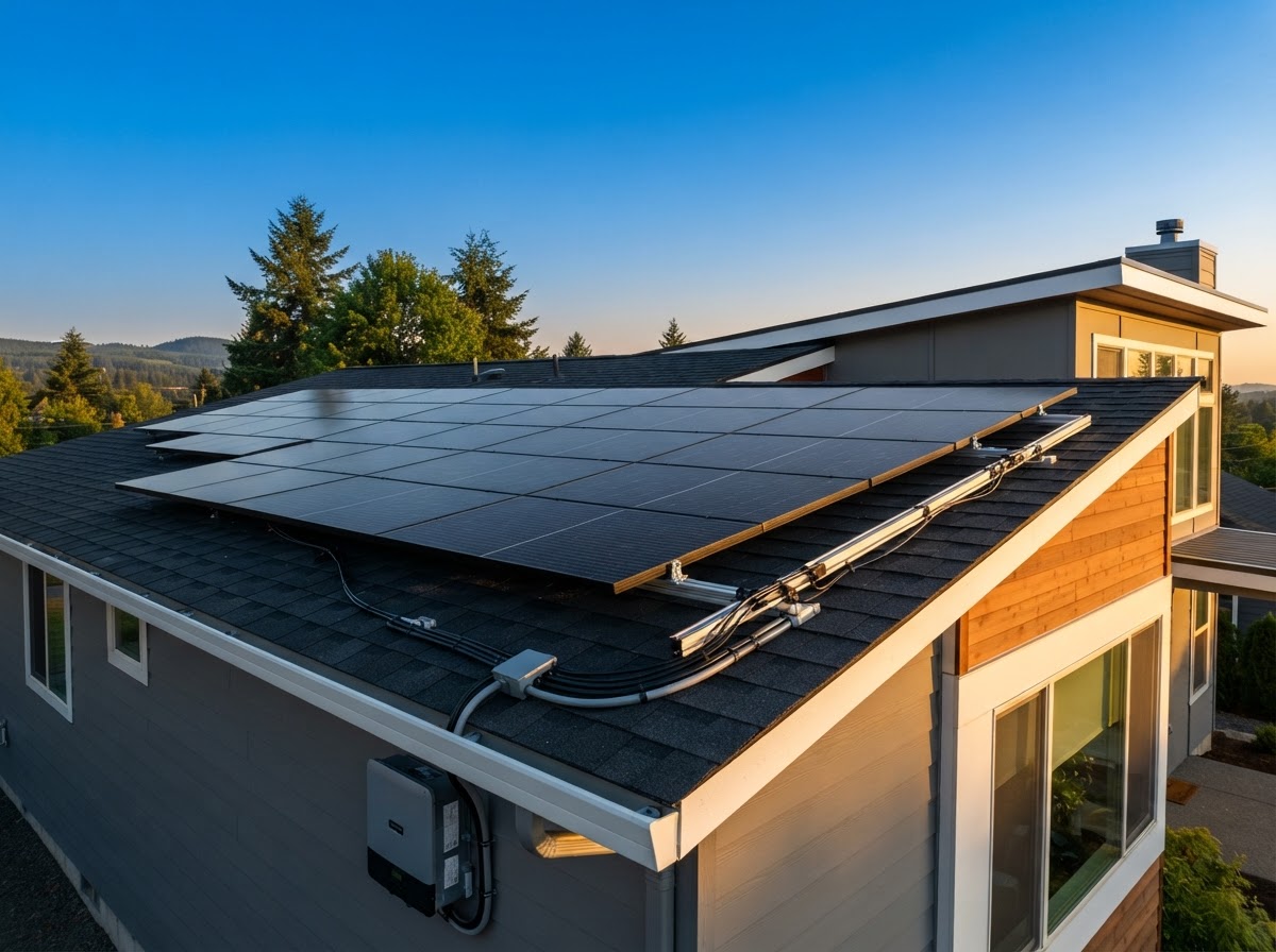 Residential solar panels installed on a modern home roof